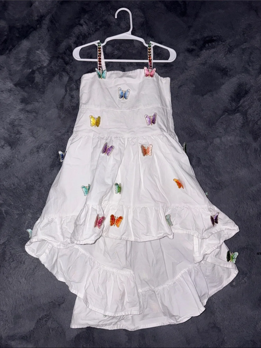 Lola + The Boys White Tiered Dress with Multicolor Butterfly Accents